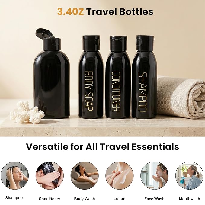 Cosywell Travel Bottles for Toiletries 4pcs 3.4oz Travel Shampoo and Conditioner Bottles TSA Approved Travel Size Containers Leak Proof Small Plastic Squeeze Bottles with Flip Cap(Black)