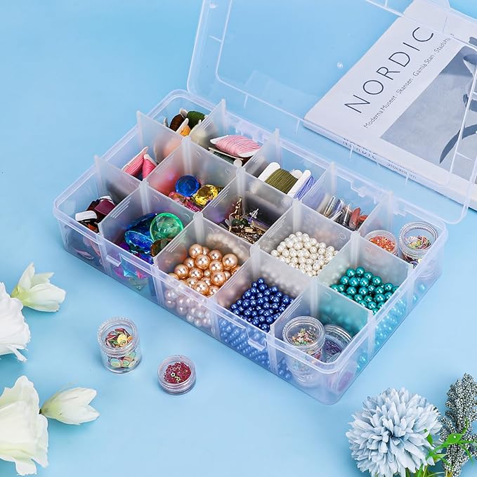 Storage Box with Dividers, 15-Grid Extra Large Plastic Storage Case for Nail Art Decoration, Clear Fake Nail Organizer Container with Lids for Acrylic Nails Tip, Rhinestone, Bead, Charm, Craft