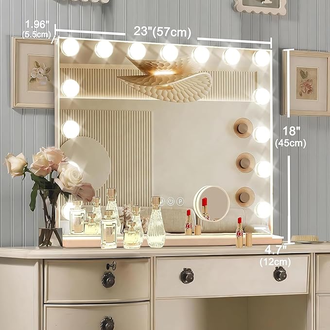 Hollywood Vanity Mirror with Lights, 15 Dimmable Bulbs, 3 Color Lights, Make Up Lighted Mirror, USB Charging Port, Valentines Day Gifts for Her, Gifts for Women Wife Teengirls(23" x 18")