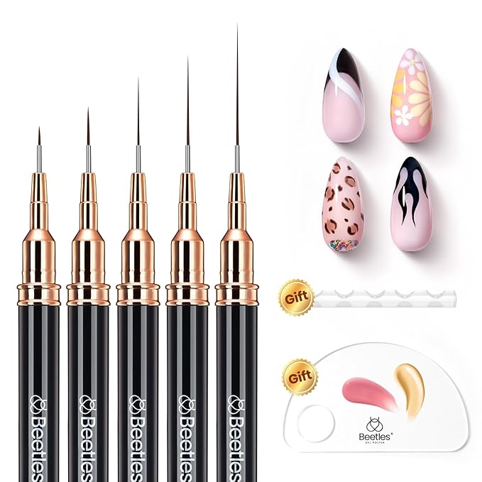Beetles Liner Brushes for Nails 5pcs - Metallic Nail Art Brushes Black Nail Art Pens Liner Sizes 5/9/15/20/25mm with Palette Holder Painting Manicure Design Tools for Long Lines, Details, Fine Drawing