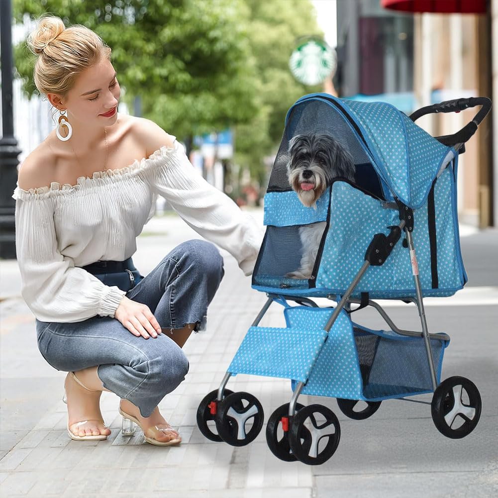 LWWJJ Pet Stroller 4 Wheels, Multifunction Dog Cat Jogger, Folding Lightweight Travel Stroller with Detachable Carrier & Cup Holder for Small/Medium Dogs and Cats, Navy Blue