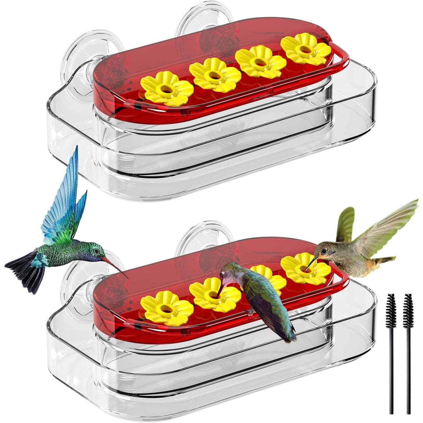 Redboat 2 Pack Window Hummingbird Feeder, Strong Suction Cup Hummingbird Feeder with 4 Feeding Ports, Easy to Clean and Refill Plastic Humming Bird Feeder, 10oz