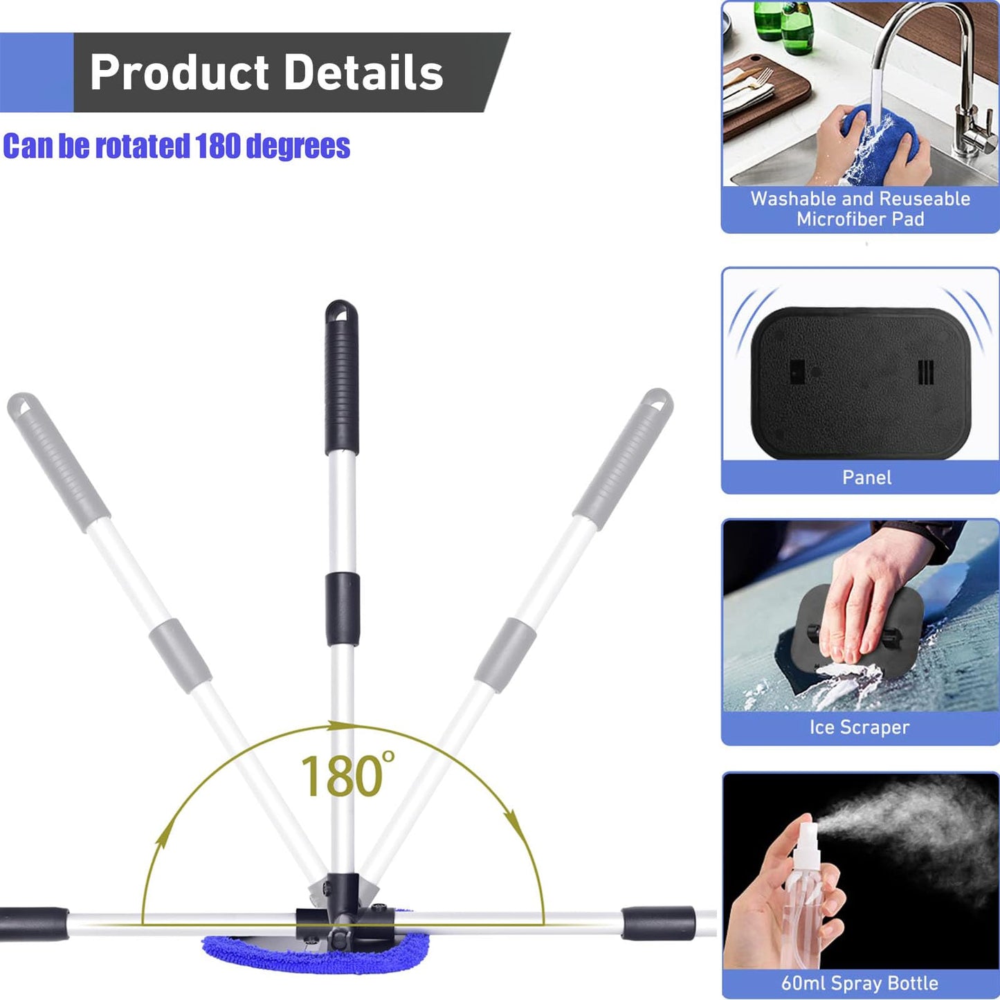 desin Windshield Cleaning Tool, Car Window Cleaner Windshield Cleaner with 4 Reusable and Washable Microfiber Pads and Extendable Handle Auto Inside Glass Wiper Kit (Dark Blue)