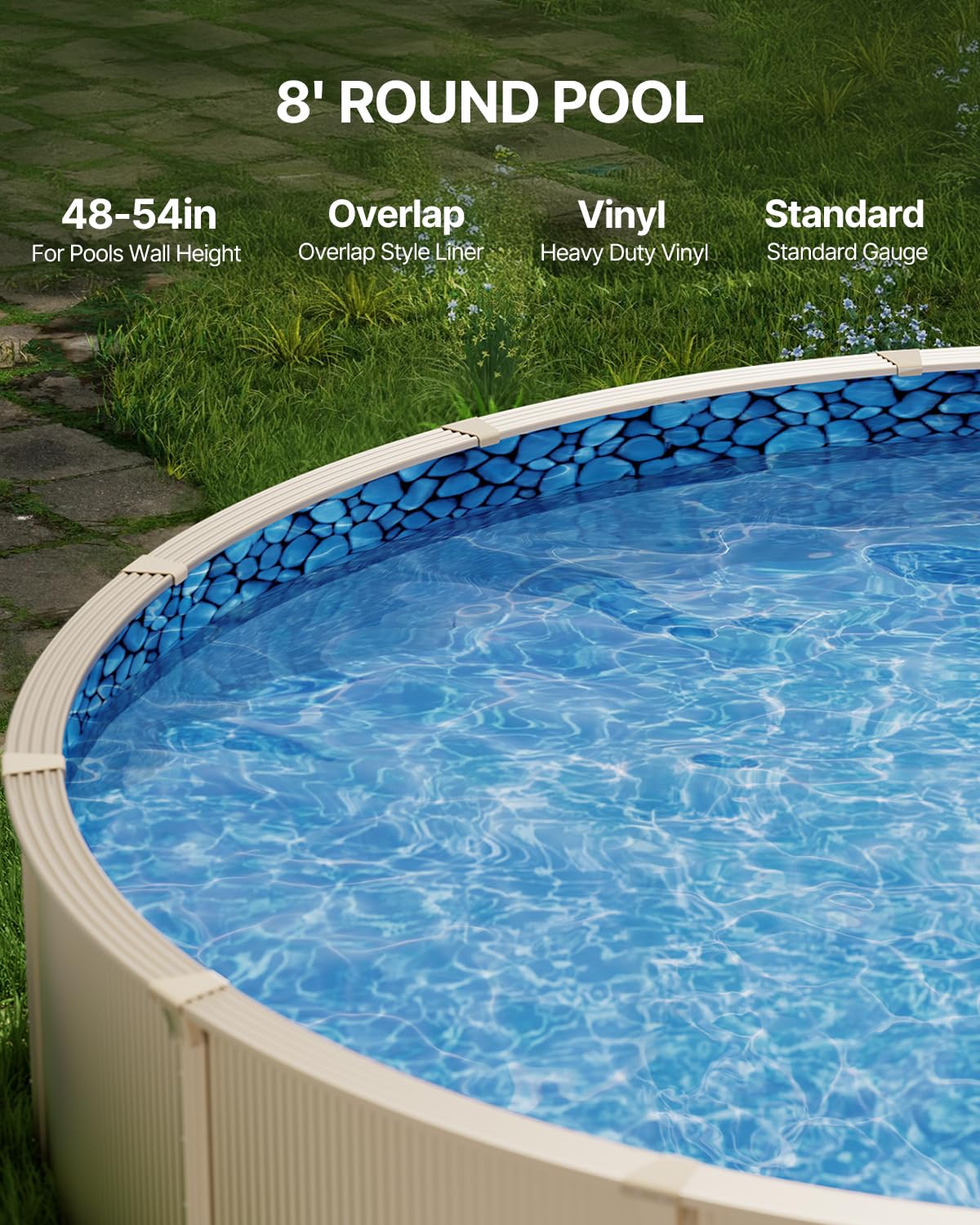 VEVOR 8-ft Round Above Ground Pool Liner, Overlap Pool Liners, Standard Gauge Vinyl, 48-to-54inch Wall Height, Designed for Steel Sided Above-Ground Swimming Pools