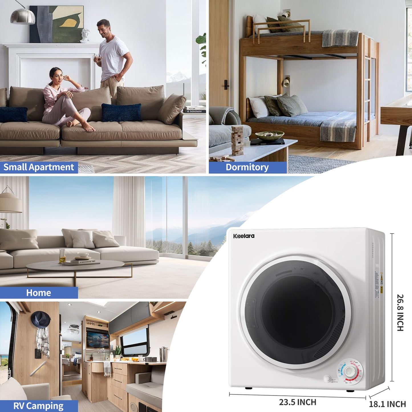 Kaelara Portable Dryer, 3.5 Cu.ft Portable Dryers for Laundry with Stianless Steel Tub, 1500W Clothes Dryer Machine for Home, Apartment, 4 Dring Mode, Auto-shutt off, White