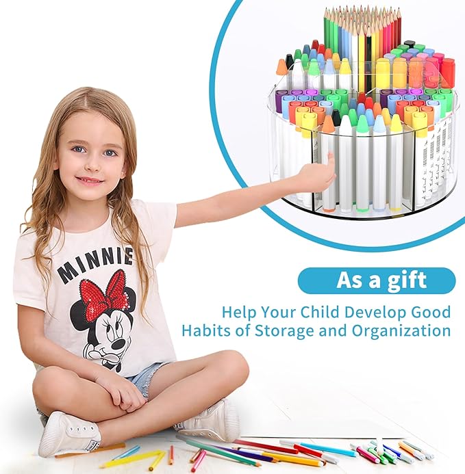 Rotating Markers Organizer for Kids, Acrylic Lazy Susan Organizers for Desks, 360 Degree Spinning Pencil Holders Pen Holders, Clear Arts and Crafts Organizer Storage, Art Supply Storage 6 Compartments