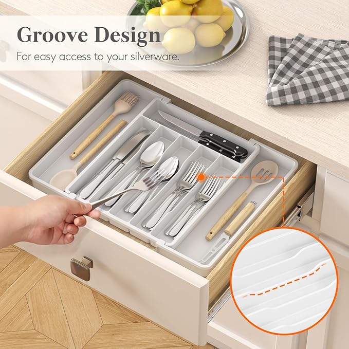 Lifewit Silverware Drawer Organizer, Expandable Utensil Tray for Kitchen, BPA Free Flatware and Cutlery Holder, Adjustable Plastic Storage for Spoons Forks Knives, 10.9"-17.5" x 13.7", White