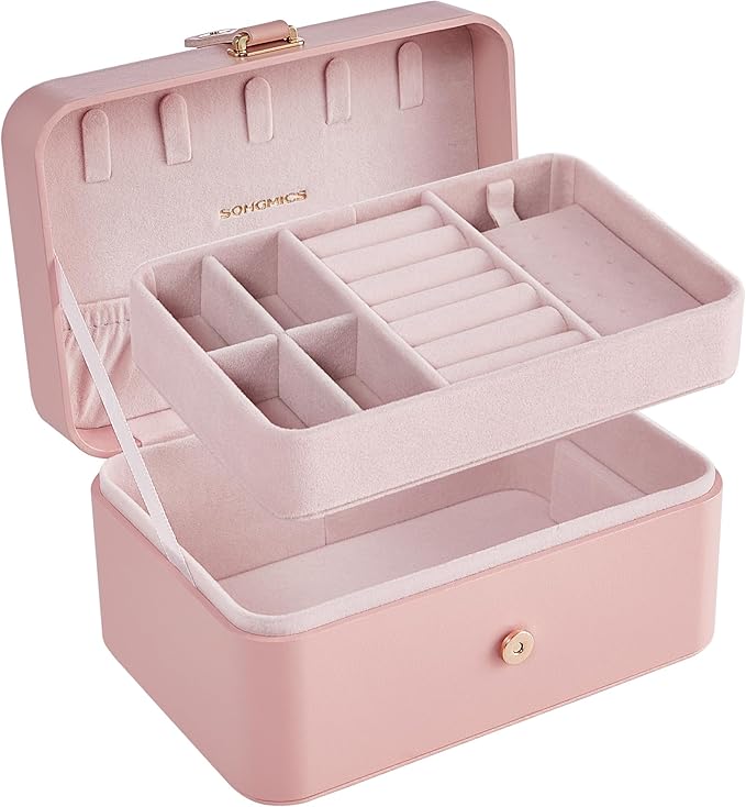 SONGMICS Jewelry Organizer Box, Travel Jewelry Case, 2-Layer Travel Case for Earrings, Necklaces, Bracelets - Portable Jewelry Storage with Large Capacity, Gift Idea, Jelly Pink UJBC166R01
