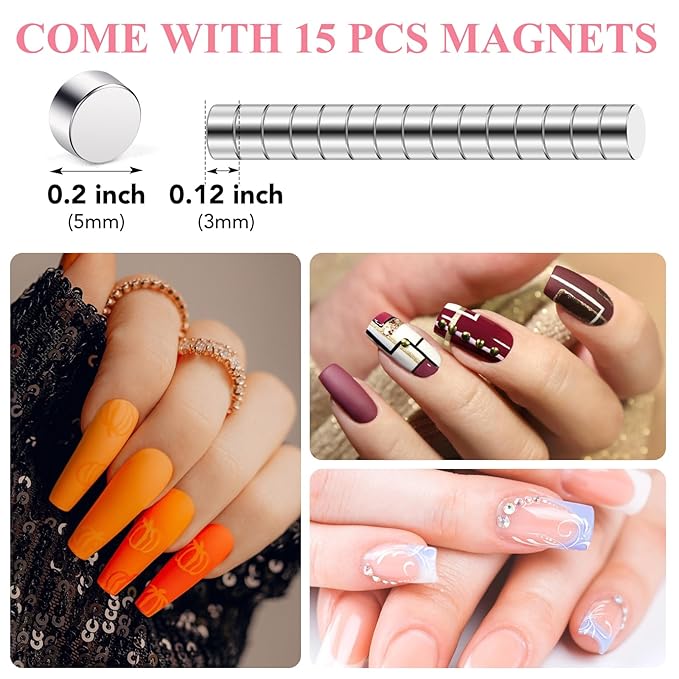 False Nail Clippers with Magnets Stainless Steel Nail Cutter for Acrylic Nail Nail Clippers with 15Pcs Small Magnets for Home Salon Nail Art (Pink)