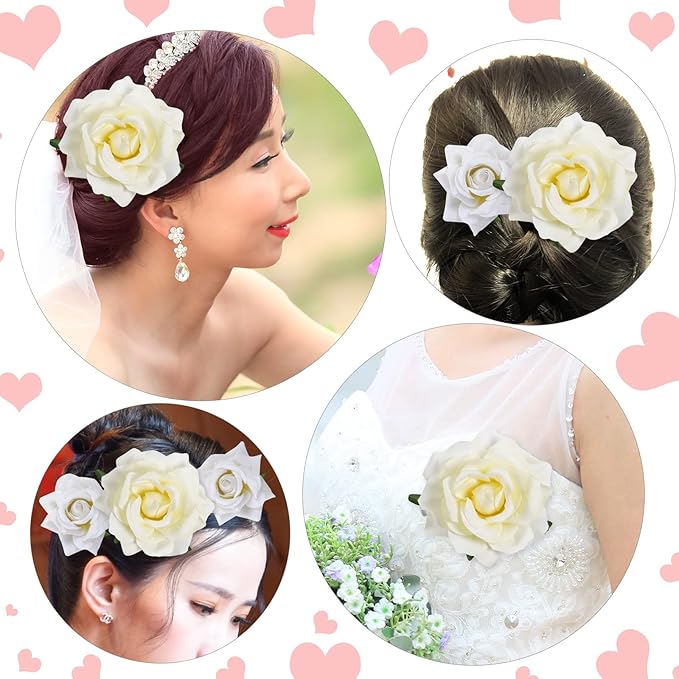 Rose Hair Clip, 4 Pcs Fabric Rose Flowers Hair Clips Mexican Hair Flowers Pin up Headpieces for Woman Girl Wedding Party Mother's Day (2 Sizes) (White)