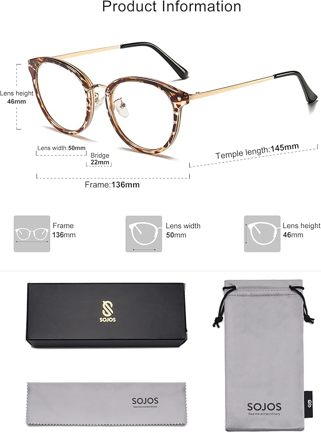 SOJOS Retro Round TR90 Blue Light Reading Glasses Womens Mens Readers Computer Glasses Eyewear Frame SJ9001