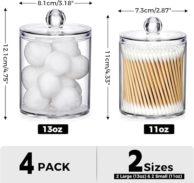 4 Pack Acrylic Qtip Holder Dispenser for Cotton Swabs, Balls, Pads, Floss Picks- Small Clear Acrylic Canister Apothecary Jar Set, Bathroom Essentials Accessories Decor, Vanity Makeup Storage Organizer