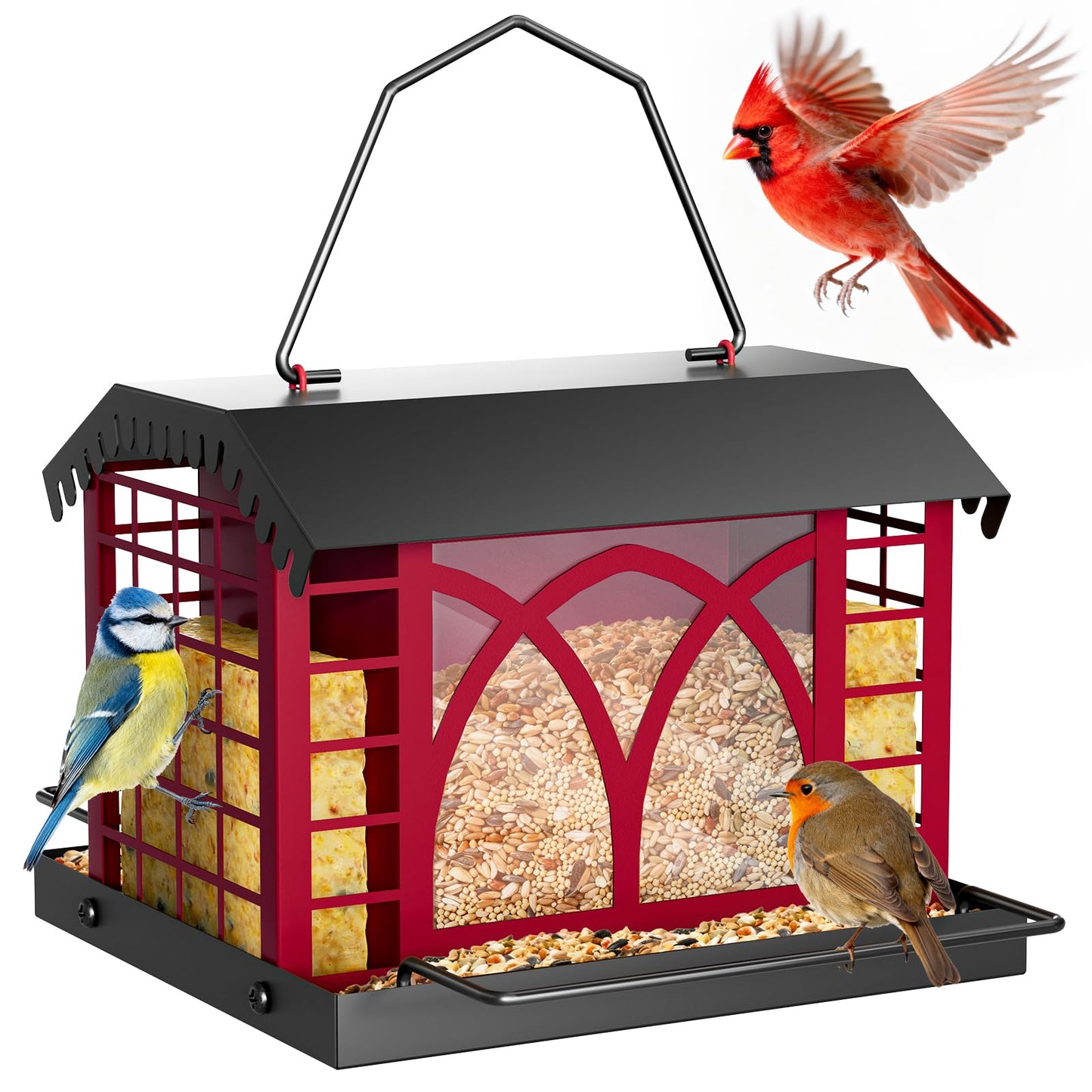 Bird Feeders for Outdoors Hanging, Metal Bird Feeder with Double Suet Cage Weatherproof Metal Roof, 3.5Lbs Large Capacity Great for Attracting Finch Cardinal Chickadee Wild Birds, Berry Red