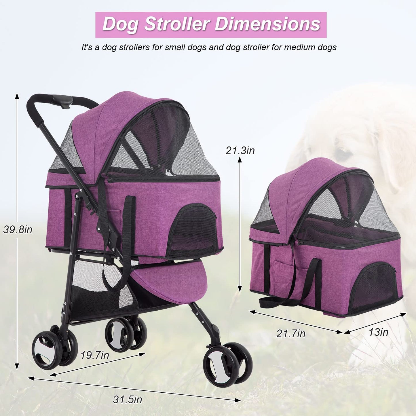 BestPet 3-Wheels Premium 3-in-1 Multifunction Pet Stroller for Medium Small Dogs & Cats - Detachable Carrier, Lightweight Folding Travel Stroller, Purple