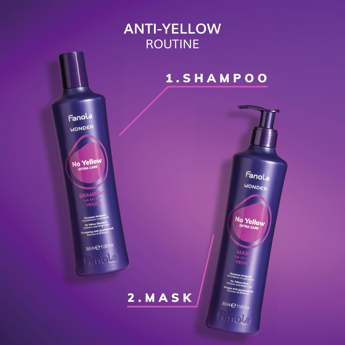 Fanola Wonder No Yellow Purple Shampoo - Purple Color Depositing Shampoo for Blondes, Bleached & Grey Hair - Formulated with Violet Pigment to Remove Brassy Tones from Hair (11.83 Fl Oz)