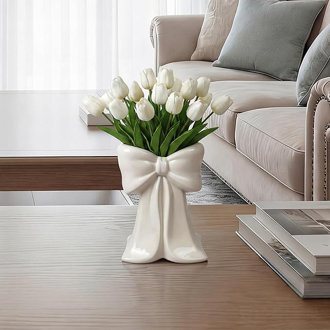 Jingmore White Bow Vase Coquette Ceramic Vase Pen Holder Makeup Brush Holder Contemporary Design Decorative Women Gift Home Office Shelf Table Room (Medium, Elegant)