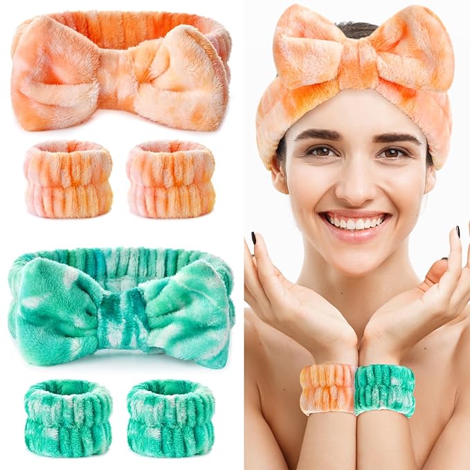 6PCS Spa Headband and Wristband Set for Face Washing, Soft Microfiber Skincare Hairband with Bow, Soft Absorbent Wrist Towels for Women Girls, For Makeup, Facial, Shower, Yoga