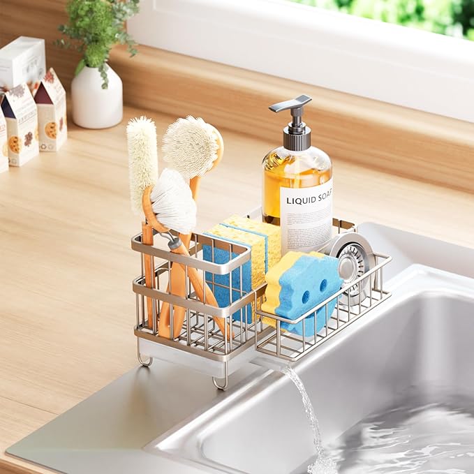 Consuemst Sponge Holder for Kitchen Sink - Auto Draining Sink Caddy Organizer with Detachable Rack, High Brush Holder, Kitchen Countertop Storage Accessories, Sand Nickel