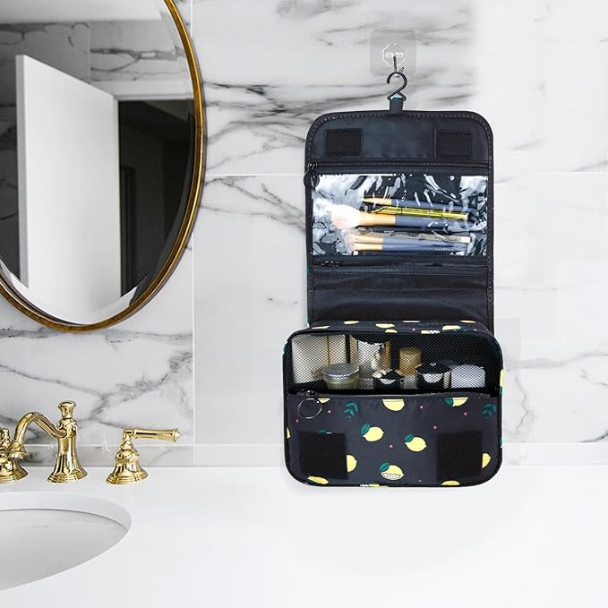 Large Capacity Toiletry Bag Travel Bag with Hanging Hook for Men and Women Waterproof Travel Cosmetic Bag Bathroom Storage Bag for Brushes Set,Full-Sized Shampoo,Accessories-Black Lemon