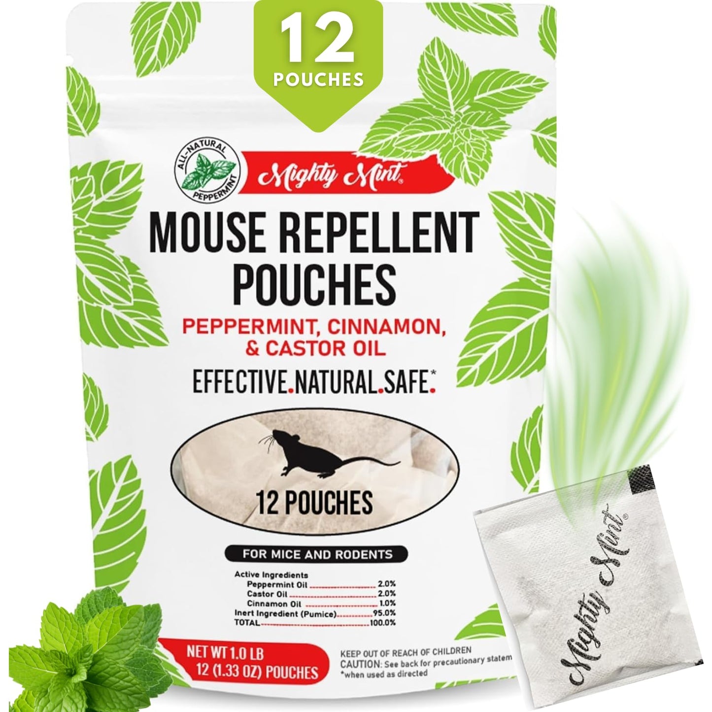 Mighty Mint Mouse Repellent Pouches â Peppermint, Castor Oil & Cinnamon Formula â Natural Indoor Deterrent for Mice and Rodents â Plant-Based, Long-Lasting Protection â 12 Count