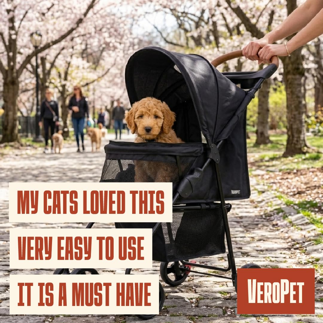 Pet Stroller for Small Dogs & Cats, Foldable Pet Stroller with Breathable Mesh, Storage Basket & Cup Holder, Lightweight 4-Wheel Dog Stroller, Portable Travel Pet Carrier (Up to 35 lbs)