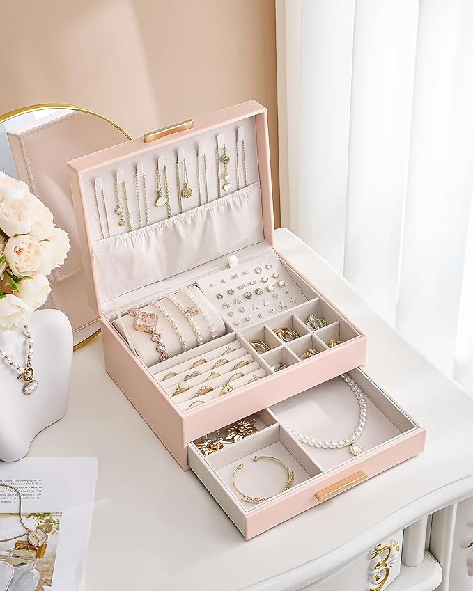 Lolalet 2-Layer Jewelry Box Organizer for Women Girls, Jewelry Storage Case Holder with Drawers for Necklaces Ring Earrings Bracelet Watch, Gifts for Galentines Valentines Girlfriend Wife -Pink