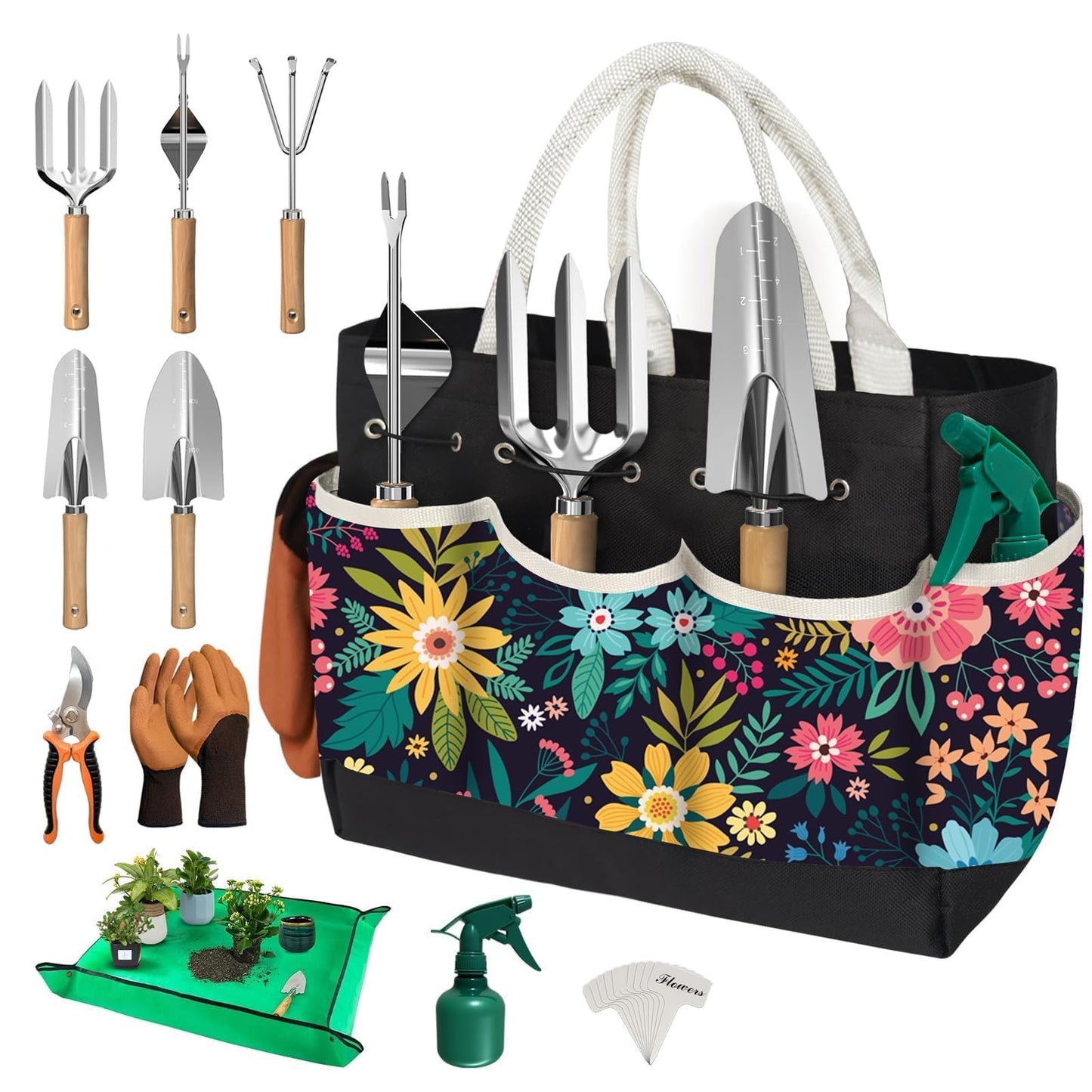 22Pcs Gardening Tools Set for Women Heavy Duty Garden Hand Tool Kit Garden Gifts for Mothers Day Mom Beginner Gardening Accessories with Tote Bag/Shovel/Repotting Mat/Plant Labels/Gloves-Black