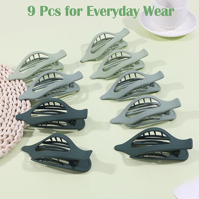 9 Pack Flat Hair Clips for Women, Matte Claw Clips for Thick & Thin Hair (Green)