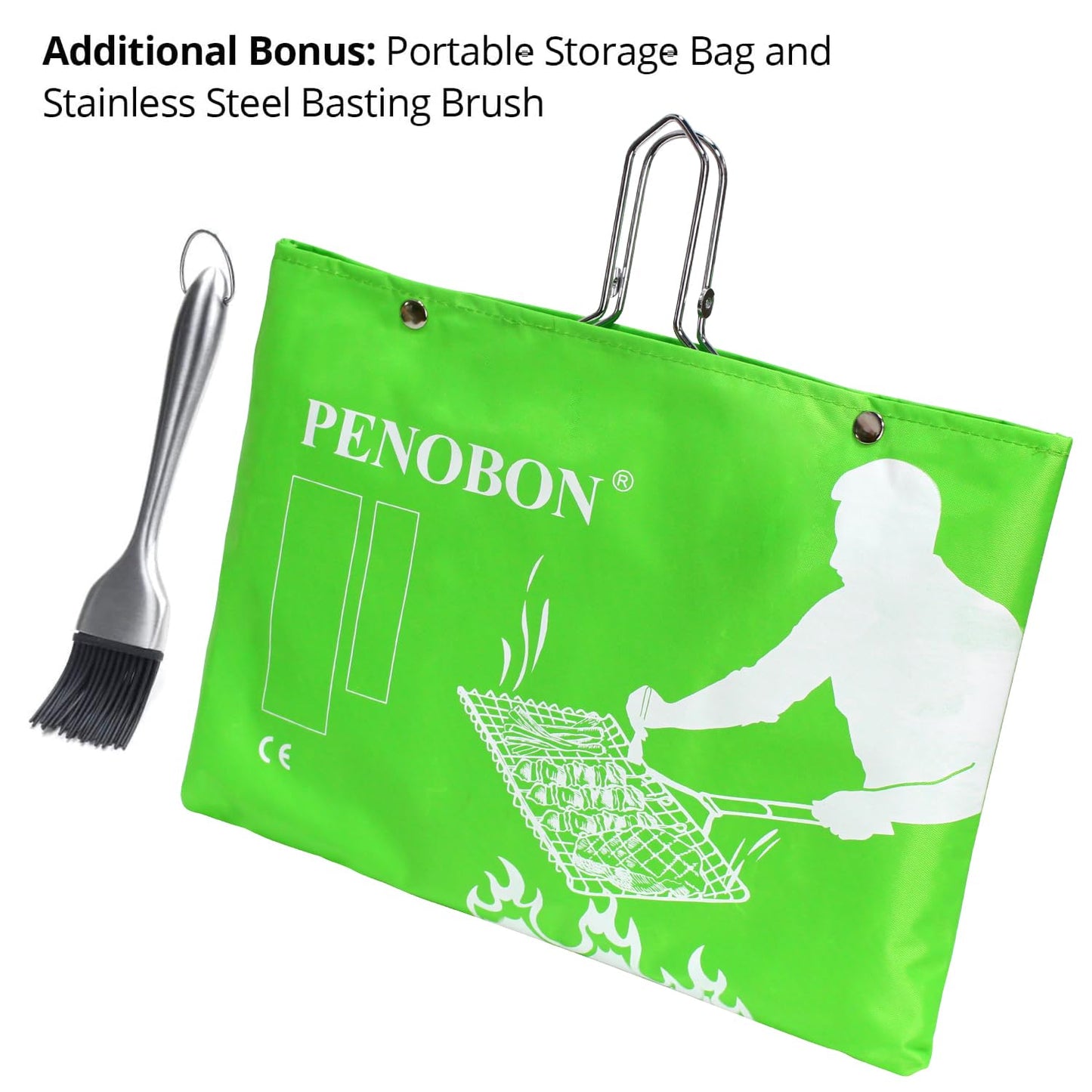 Fish Grilling Basket, Folding Portable Stainless Steel BBQ Grill Basket for Fish Vegetables Shrimp with Removable Handle, Come with Basting Brush and Storage Bag