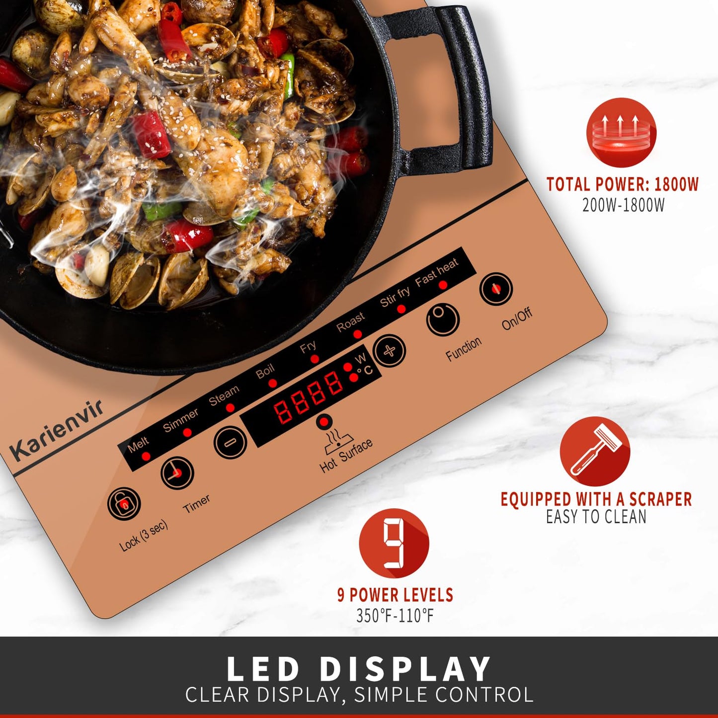 Karienvir Single Burner Electric Cooktop, Portable Electrics Stove 110v with plug, Touch Stove Electric with Safety Lock, Timer, Kitchen Cooking Cooktop With 9 Power Levels, 1800W(orange)