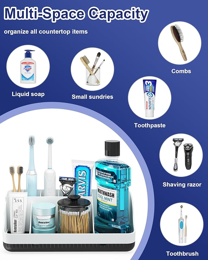 Bathroom Counter Organizer and Storage with 2 Pack Qtip Holder Dispenser, 7 Slots Detachable Toothbrush Holders for Bathrooms, Anti-Slip Electric Toothbrush and Toothpaste Holder Countertop
