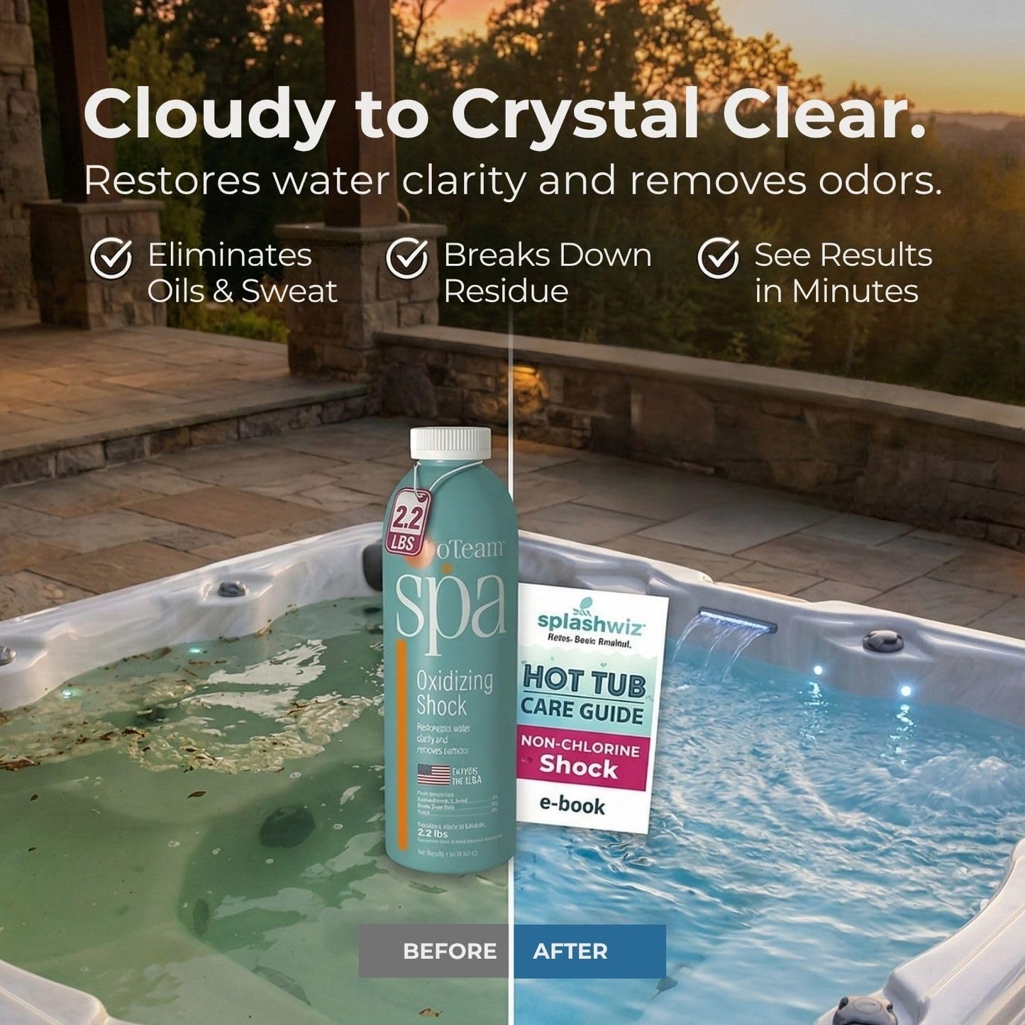 ProTeam Non-Chlorine Spa Shock for Hot Tub – Fast-Acting Oxidizing Shock Treatment, Clears Cloudy Water & Eliminates Odors – Made in USA, 2.2 lb + SplashWiz Care e-Book