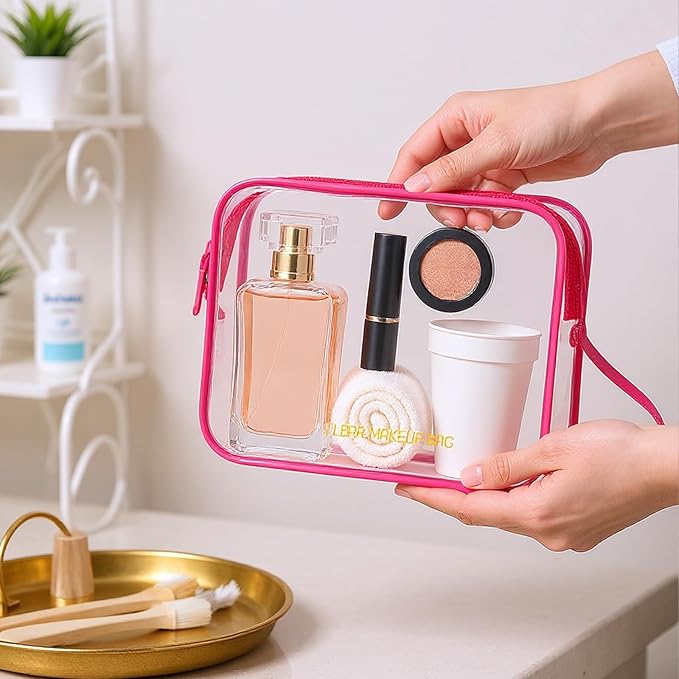 Clear Makeup Bag,2 Pack TSA Approved Toiletry Bag Travel Toiletry Bag Hanging Makeup Cosmetic bag for Women Men (ROSY)