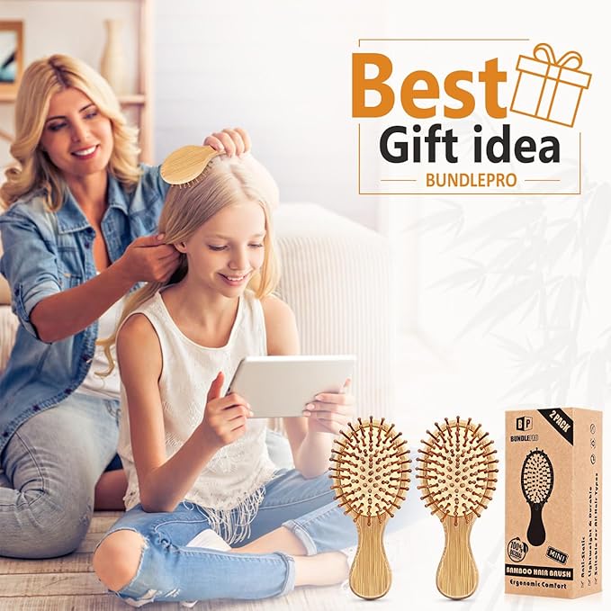 Pack of 2 Hair Brush with Natural Bristles, Massages Scalp Anti-Static Hair Detangle for All Types, Lightweight(MINI)