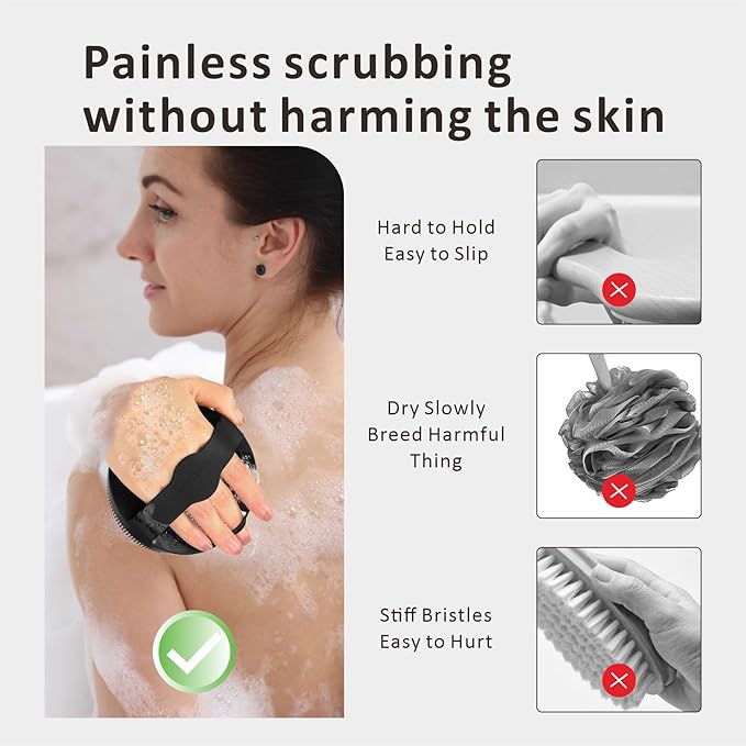 Back Body Scrubber & Face Scrubber for Shower - 15 Inch Long Handle Double Sided Silicone Body Brush for Exfoliation & Massage, Soft Facial Cleansing Brush, Rich Lathering for Deep Cleansing (Gray)