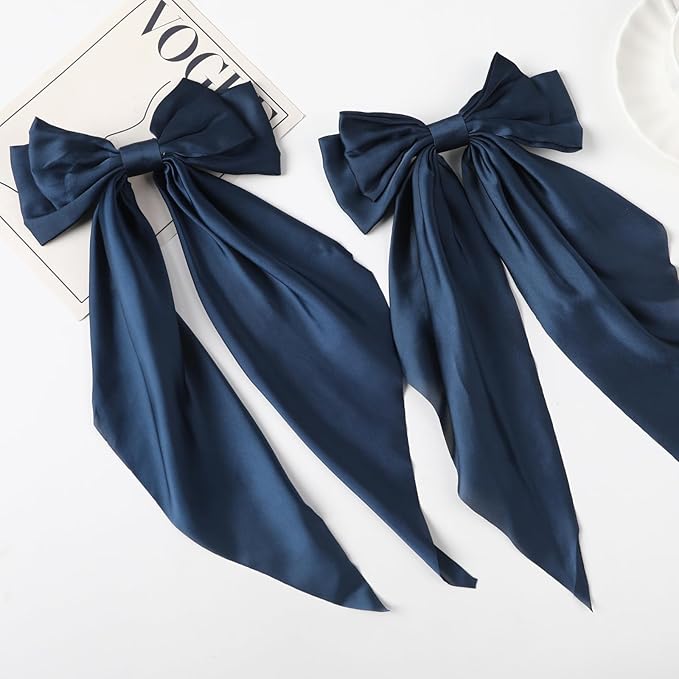 2PCS Big Hair Bow Clips for Women Girls â Navy Blue Satin Ribbon Bow Barrettes with Long Tails, Large Hair Accessories for Ponytail, Party, Wedding & Everyday Wear