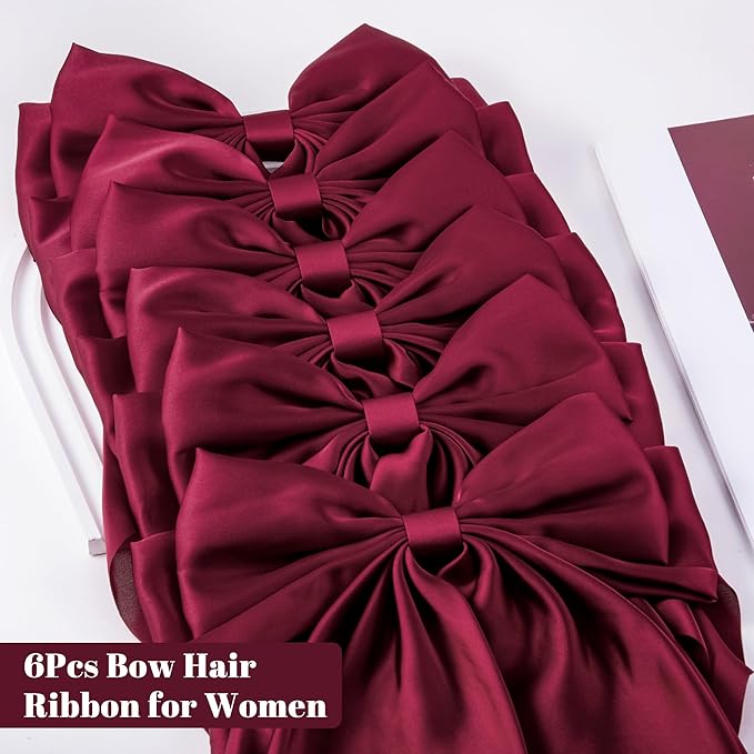6Pcs Large Bows Hair Clips for Women Girls Long Tail Hair Ribbon Silky Satin Barrettes Coquette Hair Bows Accessories (Dark Red)