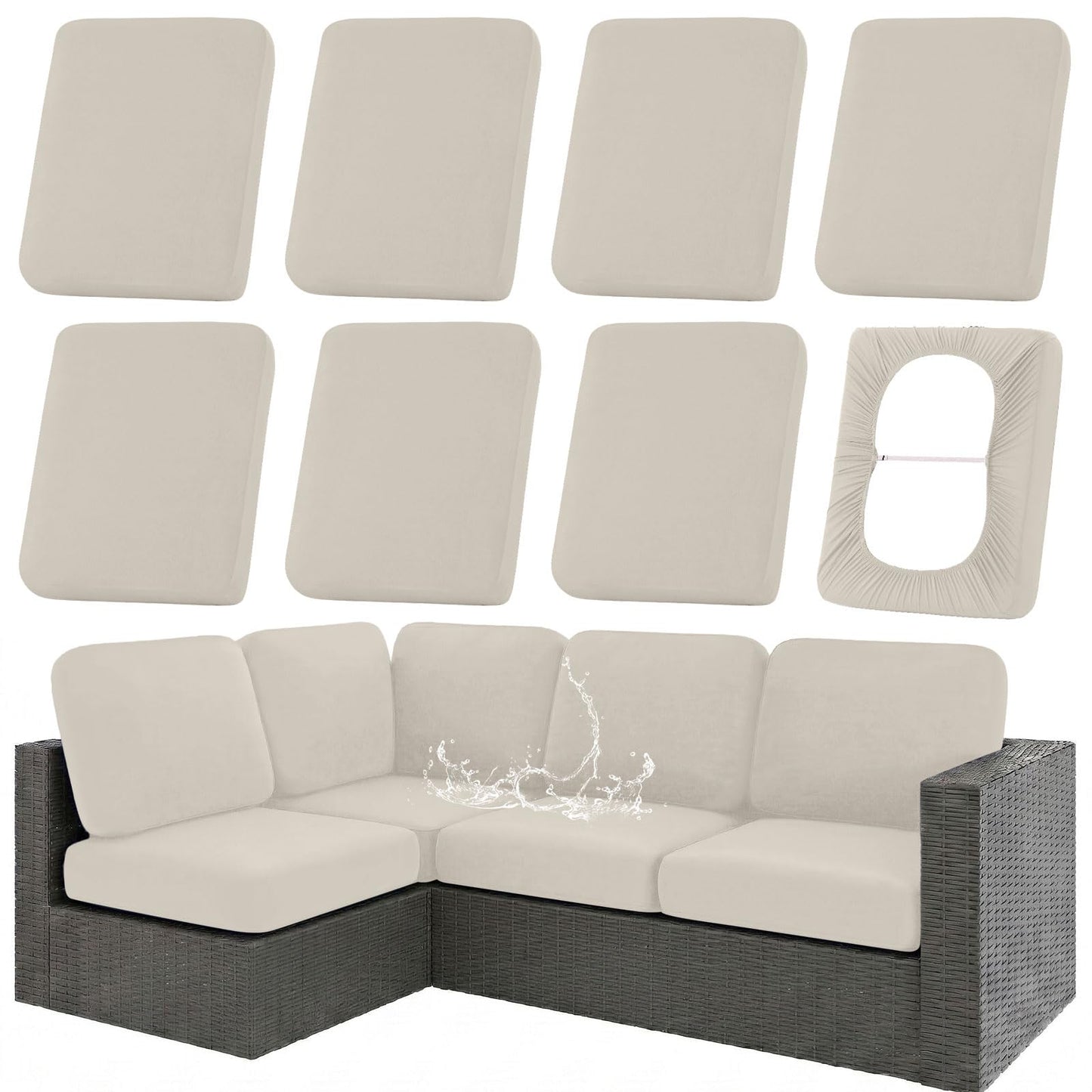 hyha Waterproof Outdoor Cushion Covers for Patio Furniture, Stretch Patio Chair Cushion Slipcovers, Coated UV Resistant Replacement Seat Covers, Solid Color (Taupe, 8PC)