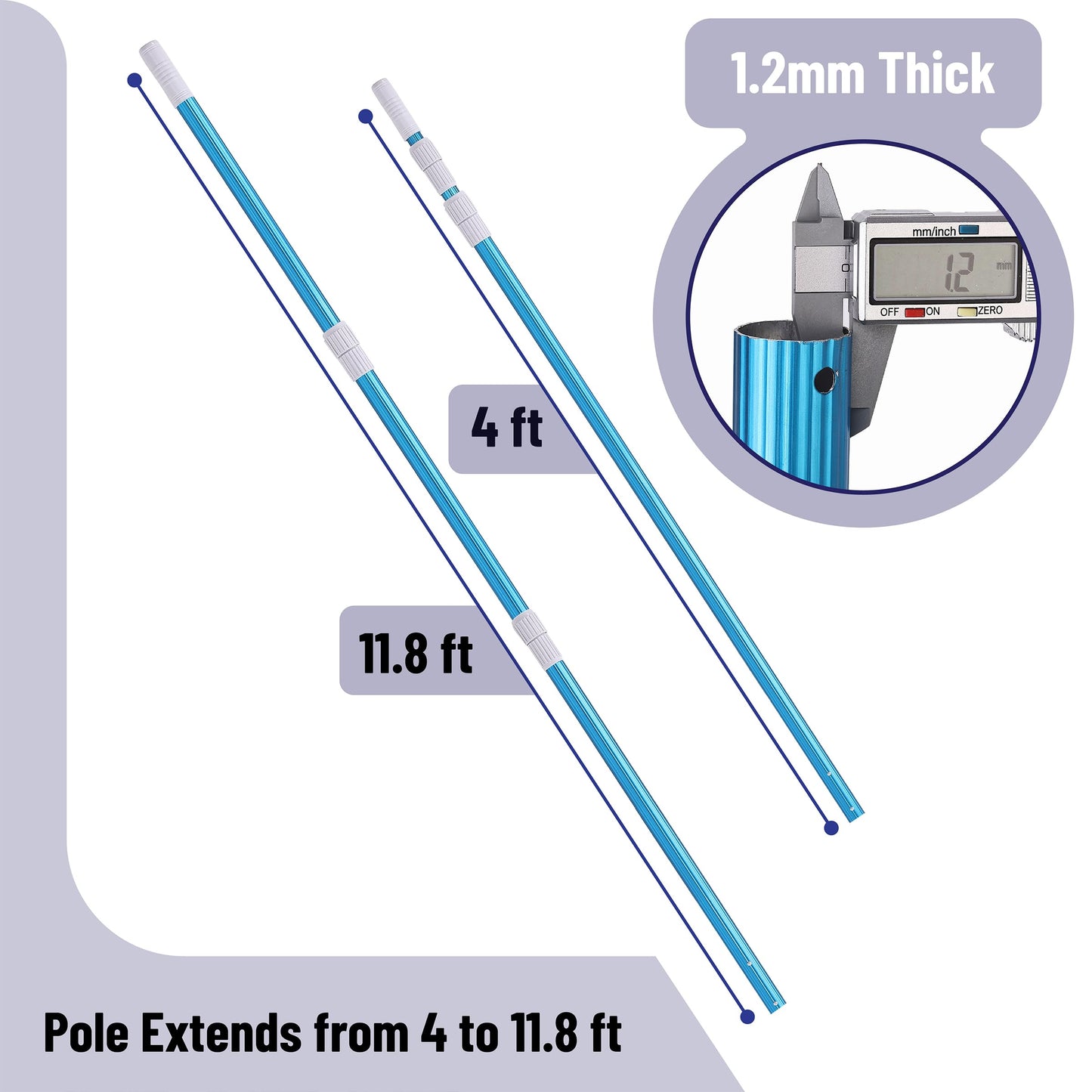 UNCO- Telescopic Pool Pole, 12Ft, Adjustable 3Piece Expandable Step-Up, Pool Brush Pole for Cleaning