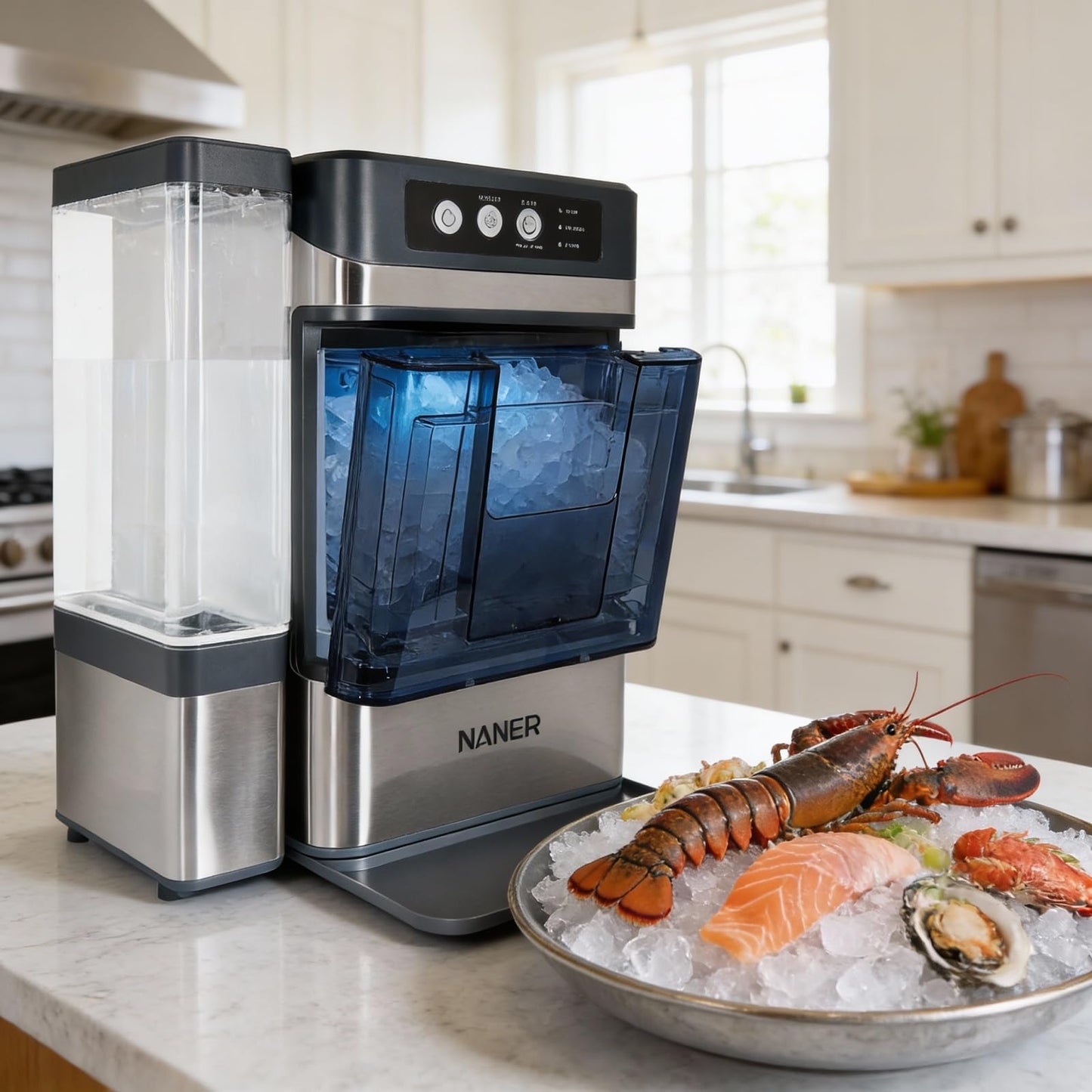 Naner Nugget Ice Makers Countertop 42lbs/Day Large Capacity One-Click Operation Self-Cleaning Portable Ice Maker with A Detachable 3L Water Tank Scoop Included Ice Machine for Home/Kitchen/Office