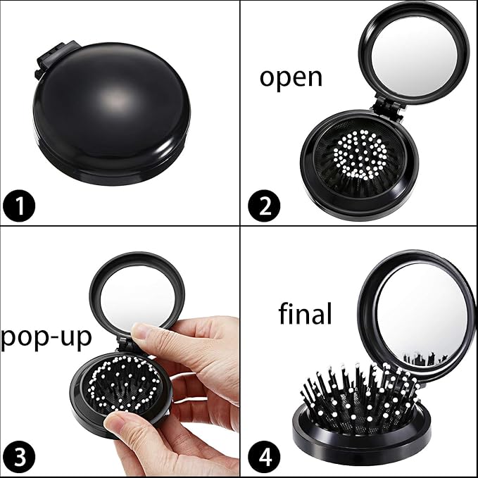Boao 2 Pack Foldable Travel Mirror Hair Brushes Round Portable Folding Pocket Hair Brush Mini Comb Compact Travel Size Massage Comb for Men Women(Black,Round)
