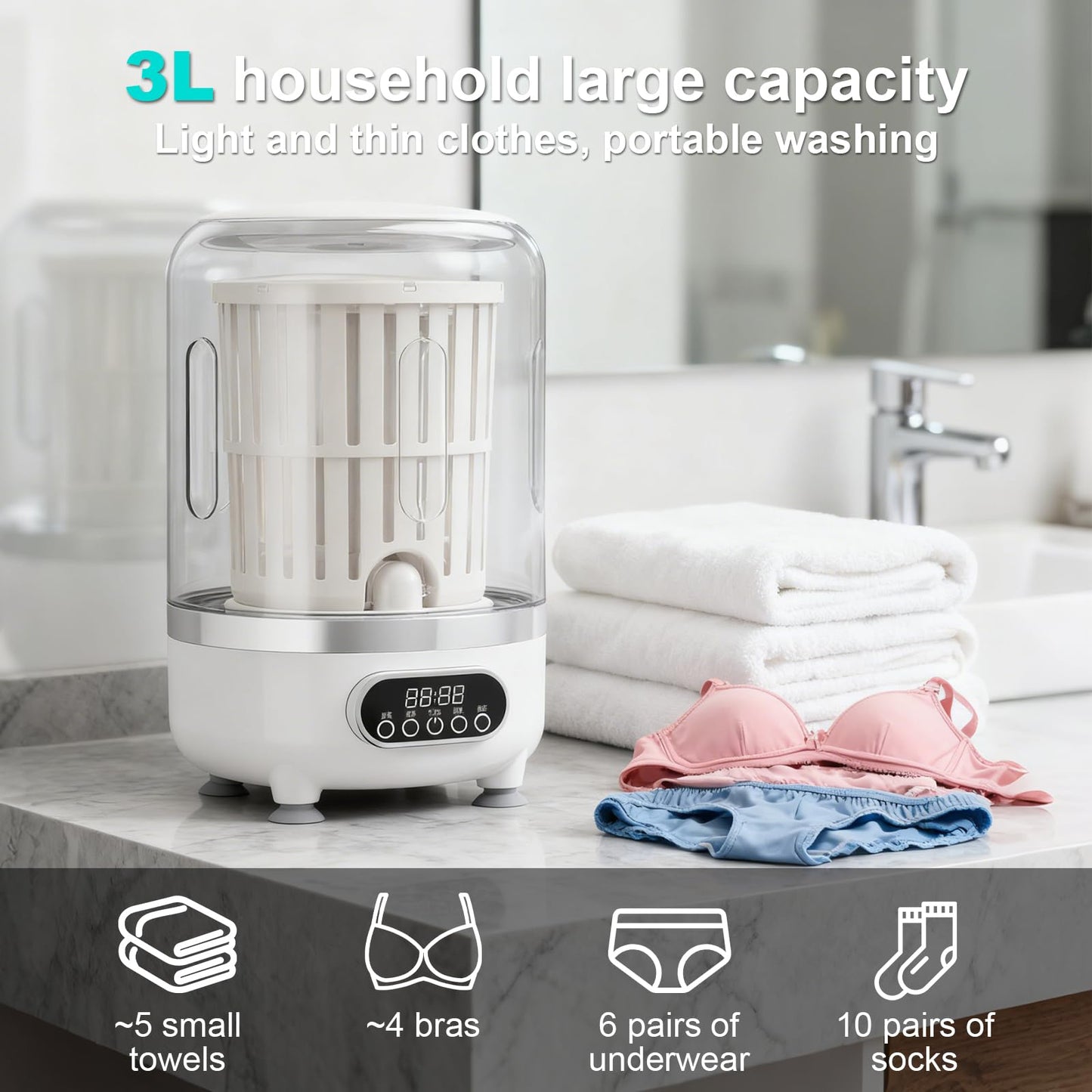 Portable Washing Machine, Underwear Washer, Small Washing Machines, Mini Washing Rechargeable Cordless Washing-Machine, Laundry Cup for Bra, Underwear, Socks,Large Capacity Endurance