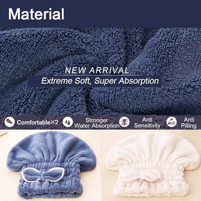 Jseng 3PC Microfiber Hair Towel Caps, Extreme Soft & Ultra Absorbent, Fast Drying Hair Drying Caps Towel Turban Wrap for Wet Hair Women