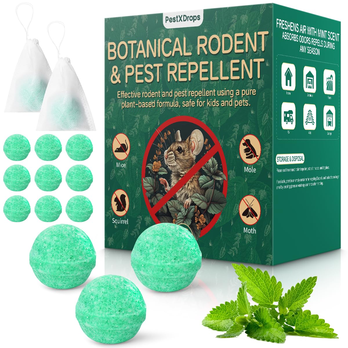 Rodent Mouse Repellent 14 pcs, Peppermint Oil Moth Balls for Mice Rats Deterrent, Natural Pest Control Mothballs for Rodents, Squirrels, Skunk, Mole, Gopher, Pets Safe, Indoor and Outdoor Use