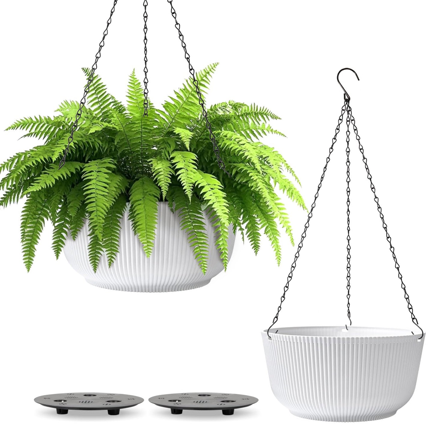 T4U 10 Inch Hanging Planters for Indoor Plants, 2 Pack White Self Watering Hanging Plant Pot, Hanging Pots Set with Drainage Hole & Plug & Chain with 3 Hooks for Garden Home Decor
