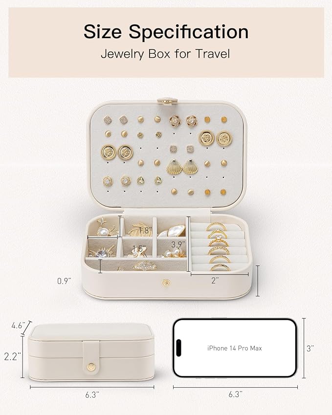 VLANDO Travel Jewelry Case for Women Girls, Gifts for Mother, PU Leather Small Jewelry Box for Rings, Necklaces, Bracelets, Earring Holder Organizer Storage for Travel Essentials - Beige