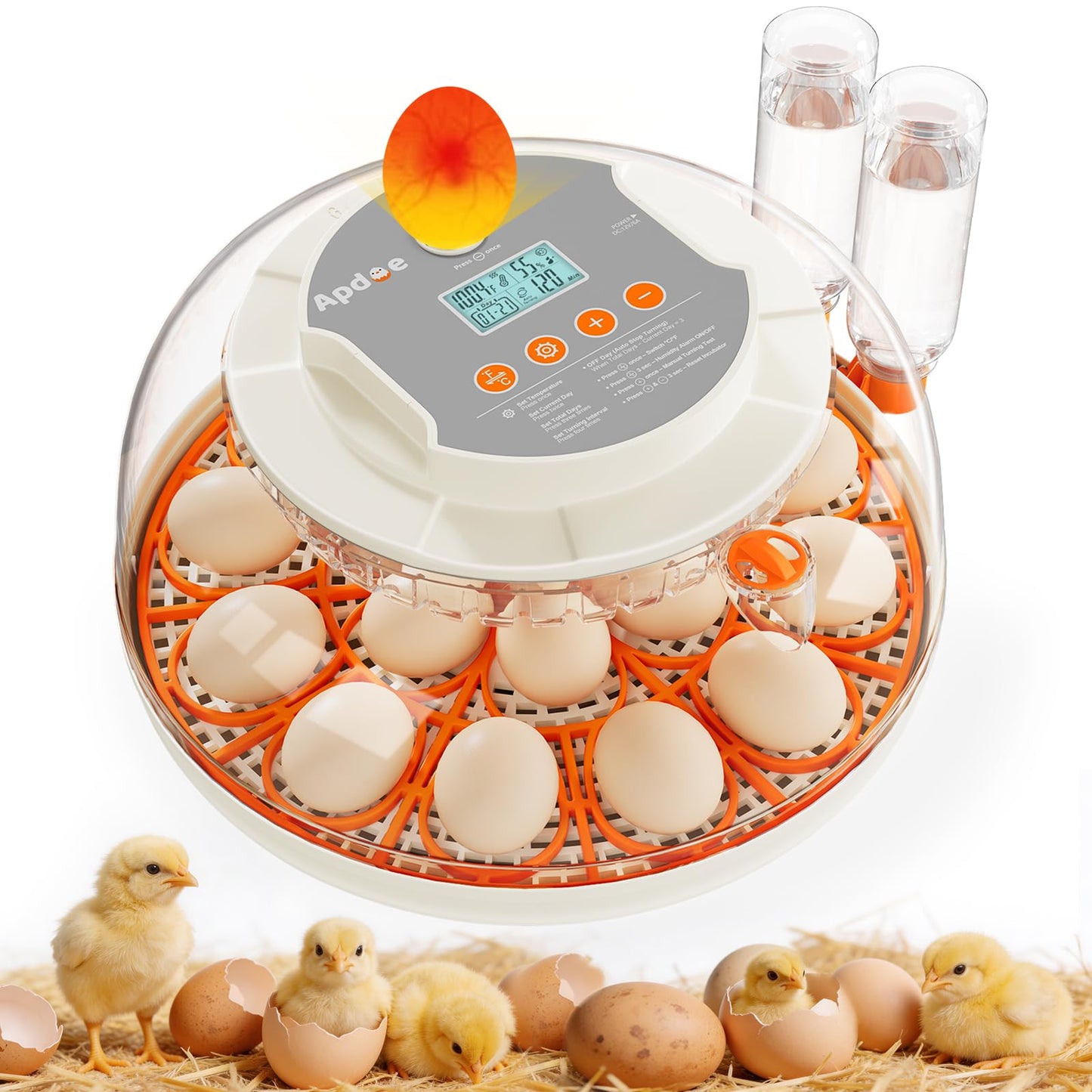 APDOE Egg Incubators for Hatching Eggs, Temperature and Humidity Control, Automatic Egg Turning, Egg Candler, External Water Bottle, Air Vent, for Chicken, Duck & Quail Eggs, 18 Eggs