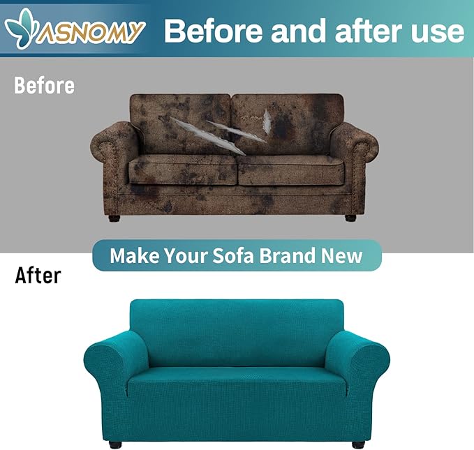Asnomy Sofa Covers for 2 Cushion Couch Stretch loveseat Covers Slipcovers, Pet Protector Furniture Covers for Dogs Cats Spandex Jacquard Fabric Small Checks (Medium,Peacock Blue)