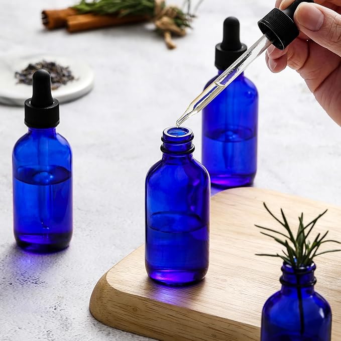 AOZITA 4 Pack, 2 oz Dropper Bottles with 1 Funnel & 4 Labels - 60ml Thick Dark Blue Glass Tincture Bottles with Eye Droppers - Leakproof Essential Oils Bottle for Health, Personal Care & Beauty