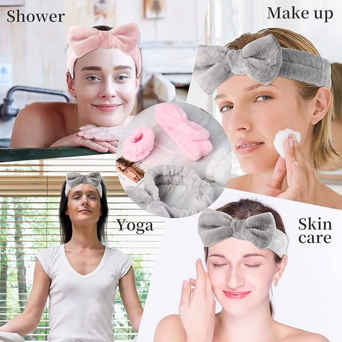 12 PCS Face Wash Headband Wristband Set for Women Girls, Soft Microfiber Facial Spa Hair Wraps Makeup Skincare Bath Headbands Wrist Bands for Washing Face(White, Pink, Gray, Black)